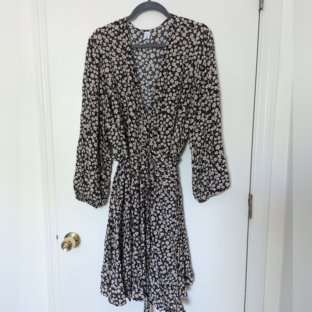 Black Floral Midi Wrap Dress